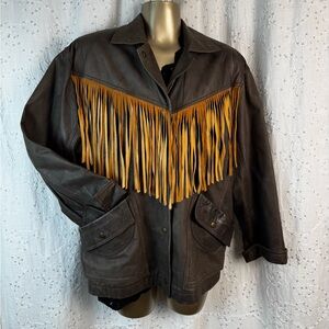Vintage 80s Fringe Leather Jacket Brown Western Two Tone Fringe